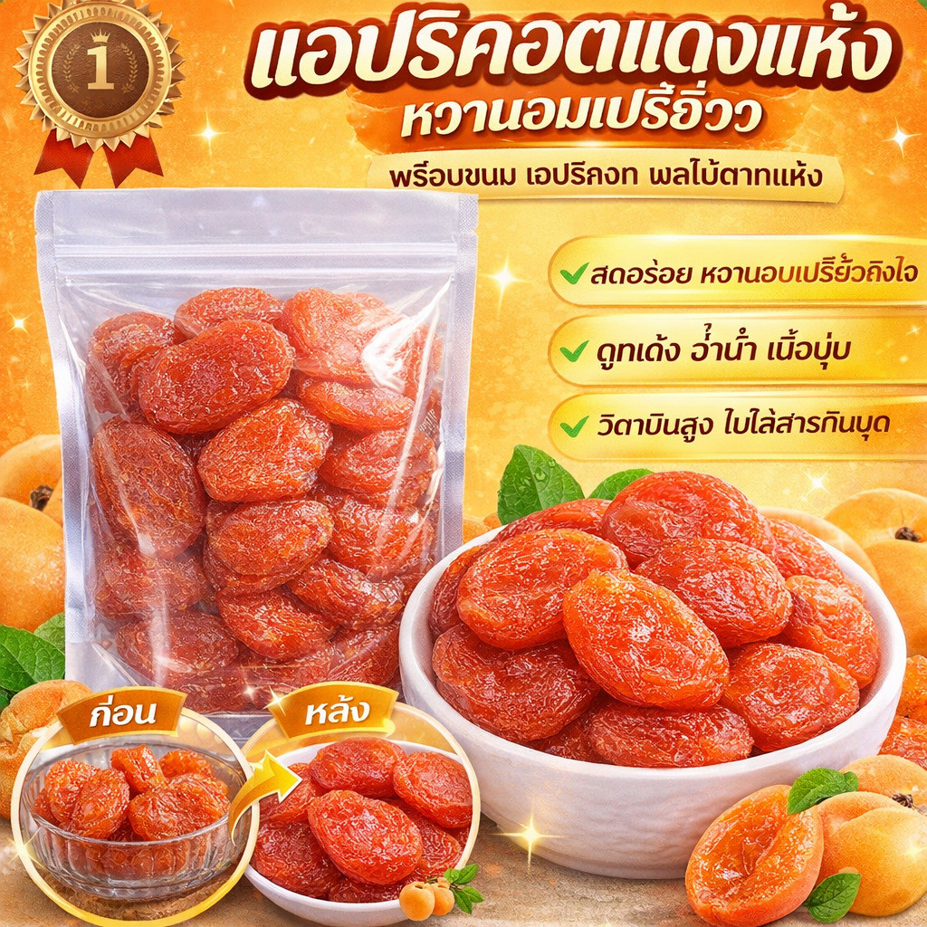 แอปริคอตแห้งธรรมชาติ ไม่เติมน้ำตาล 100% พร้อมทาน เนื้อหนึบหนับ หวานอร่อยตามธรรมชาติ โภชนาการสูง อุดมด้วยวิตามิน A และ E สารต้านอนุมูลอิสระ 0 สารกันบูด ผลไม้อบแห้งคุณภาพสูง ขนมเพื่อสุขภาพ