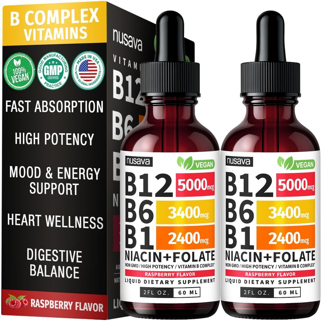 NUSAVA B12 Liquid Drops 5000mcg, Raspberry, Pack of 2 | พลังงาน, การรองรับสมองและหัวใจ, Methylcobala