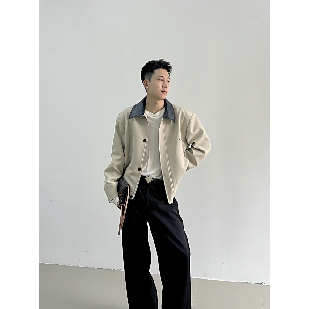 Retro High-End สีจับคู่หนัง Collar Cargo Jacket Top ผู้ชายผู้หญิงสไตล์เกาหลีอินเทรนด์ cleanfit Jacke