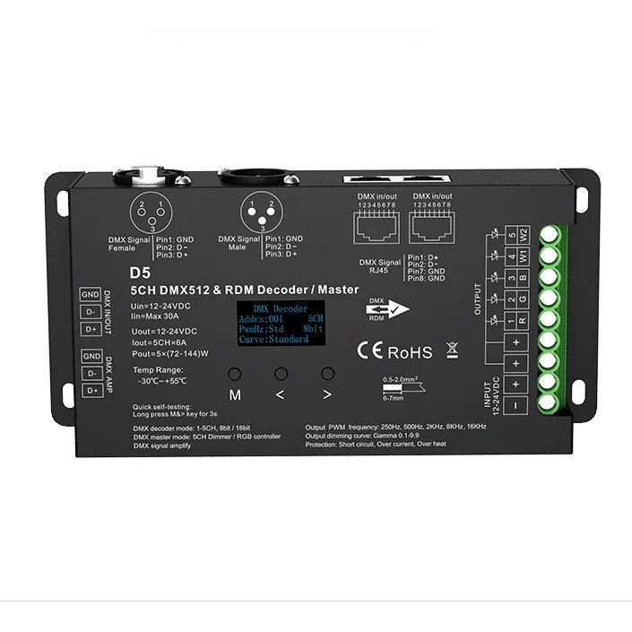 CZ9K ตี D5 DMX512 ตัวควบคุม LED 5CH 6A/CH DMX 512 ถอดรหัส Dimmer Driver 12 V-24VDC RDM ถอดรหัส DMX D
