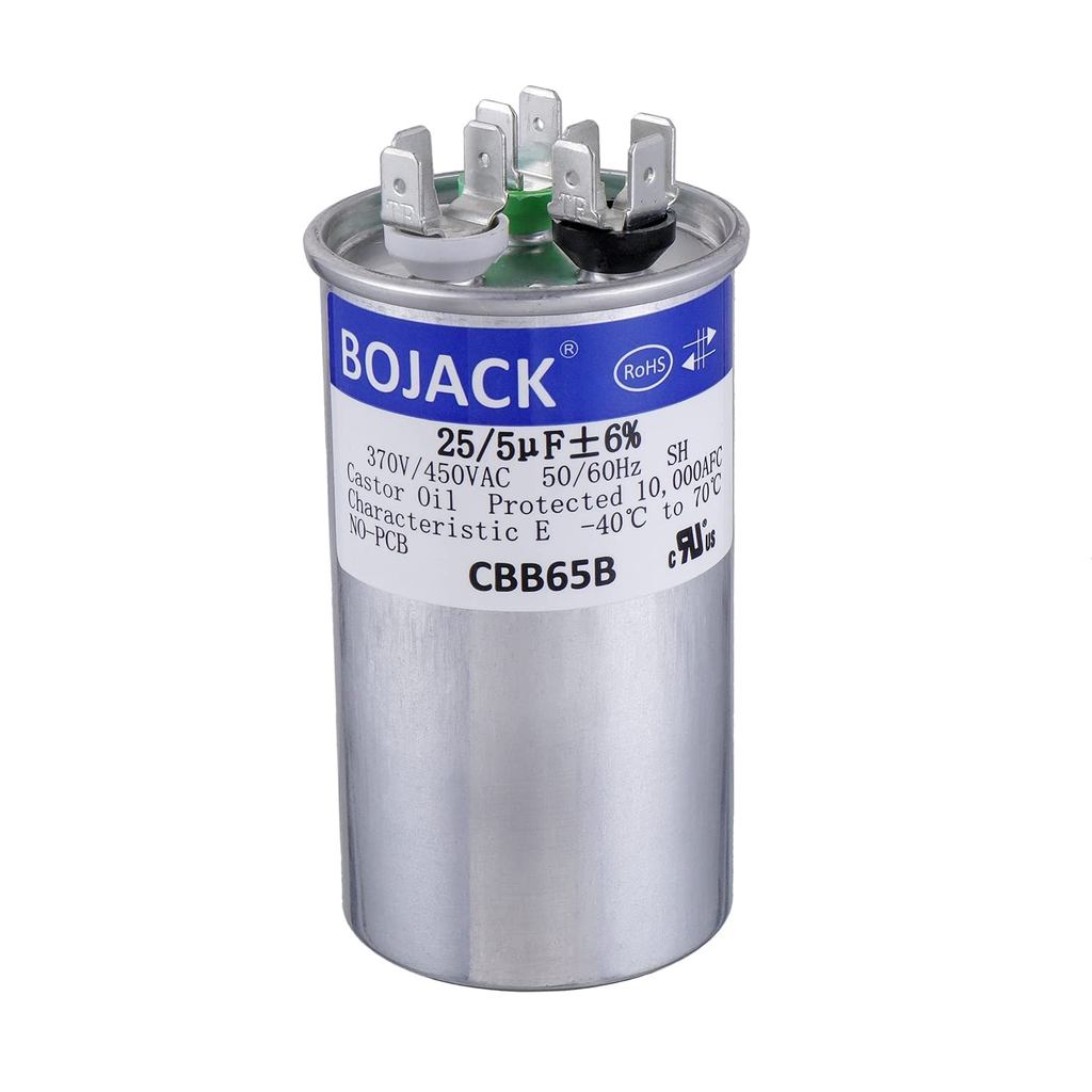 BOJACK 25+5 uF 25/5 MFD ±6% 370/450 V AC CBB65 Dual Run Circular Start Capacitor สําหรับ AC มอเตอร์ 