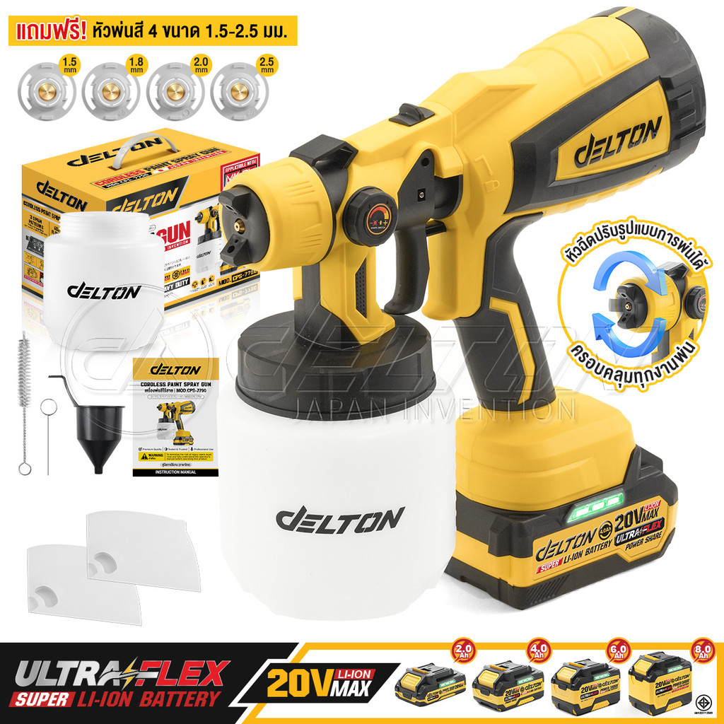 DELTON กาพ่นสีไร้สาย 400W 1,000CC รุ่น CPS-7790 ฟรี! หัวพ่นสี 4 ขนาด ใช้งานร่วมกับ แบตเตอรี่ UltraFlex และ TURBO FORCE