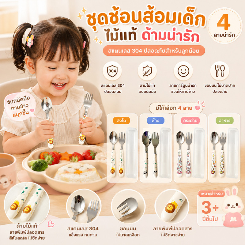 ชุดช้อนส้อมมีดเด็กน่ารัก ด้ามเซรามิคสไตล์ญี่ปุ่น สแตนเลส 304 พกพาสะดวก เหมาะใช้ที่บ้านและโรงเรียน