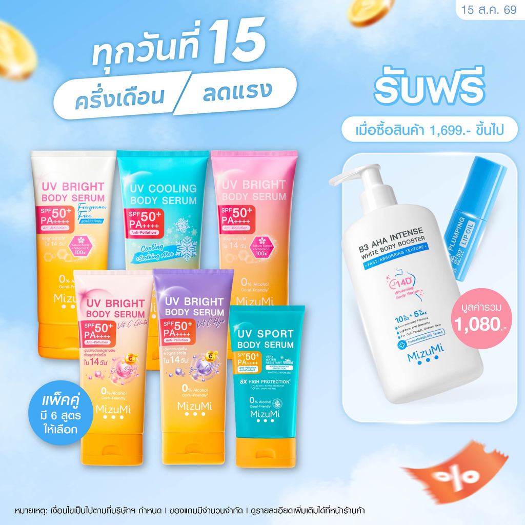 [แพ็คคู่ SET DUO] MizuMi Bright Body Serum เซตเซรั่มกันแดดทา