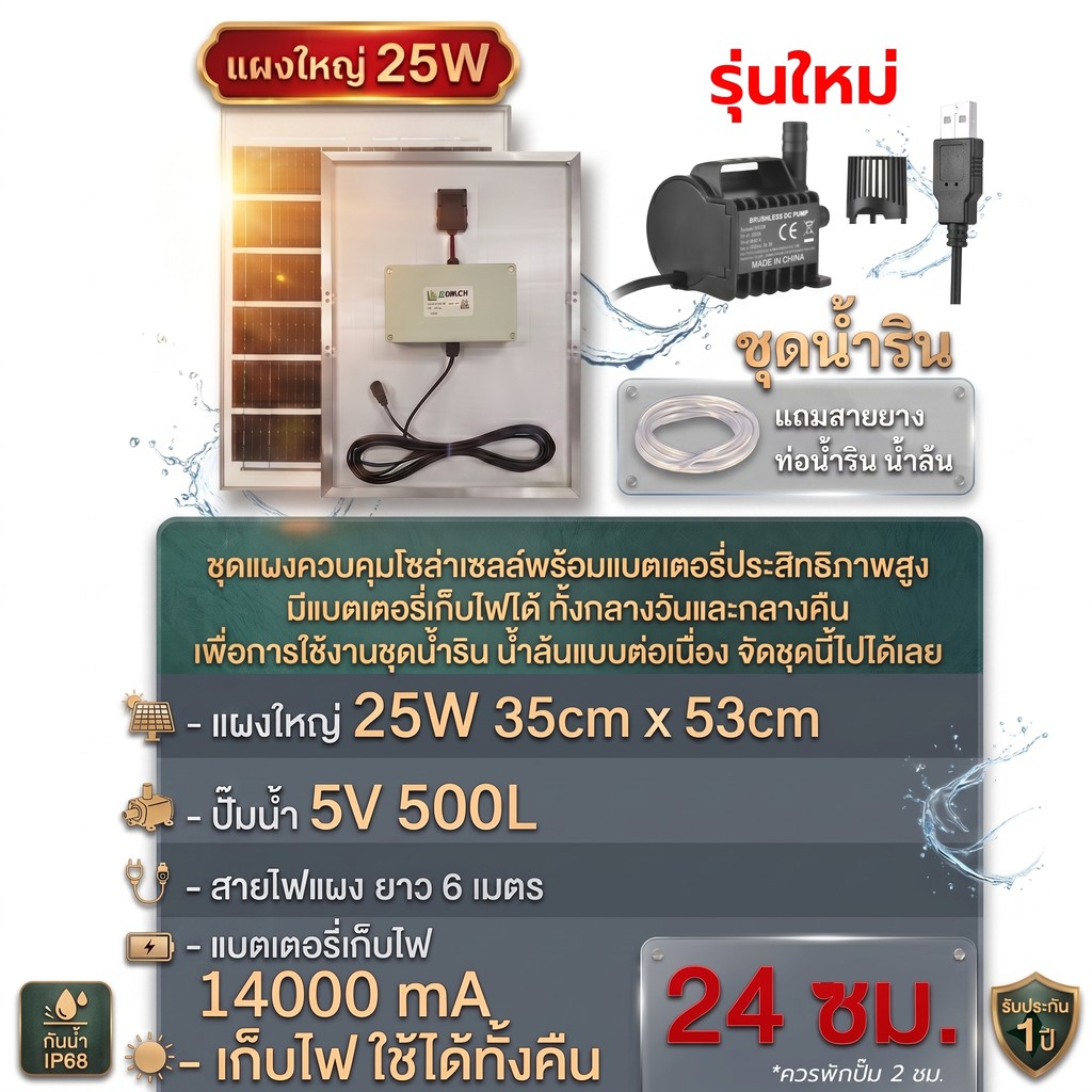 SUNPUMP ชุดปั้มน้ำ 25W แผงโซล่าเซลล์ 35x53cm ปั้นน้ำ 500L พร้อมแบตเตอรี่เก็บไฟ 18000mAh ใช้งานได้ 24 ชม.