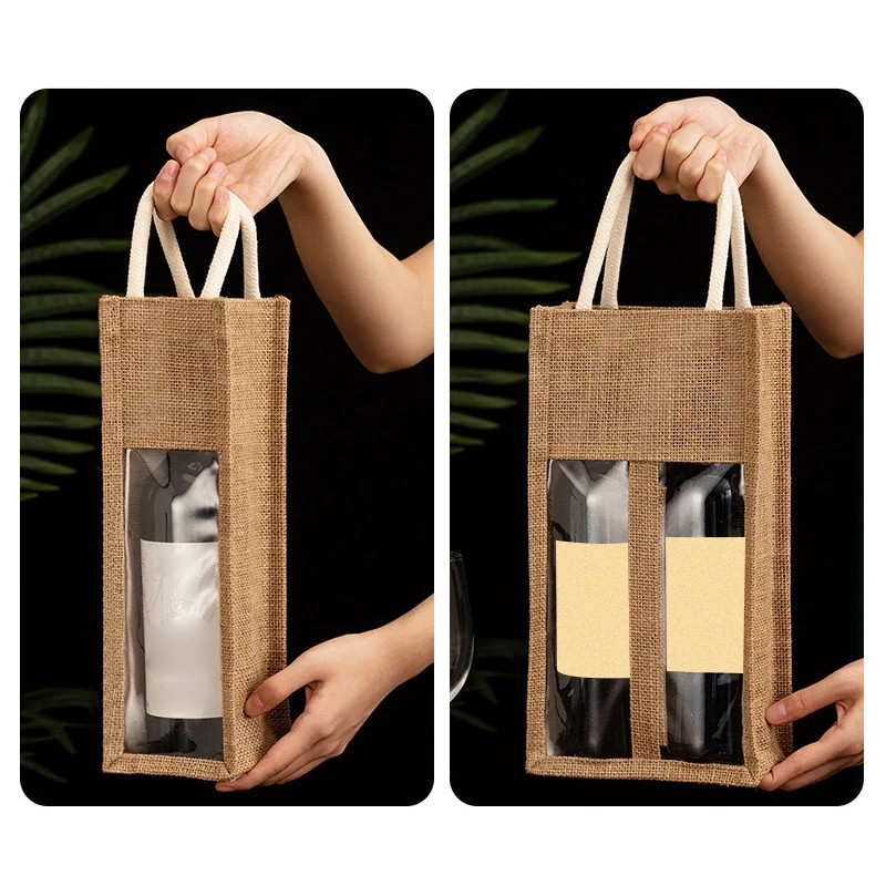 ถุงของขวัญไวน์แดงผ้ากระสอบแบบมีหน้าต่าง ใส่ขวดเดี่ยวหรือคู่ สำหรับใส่แชมเปญ ของชำร่วยงานแต่งงาน