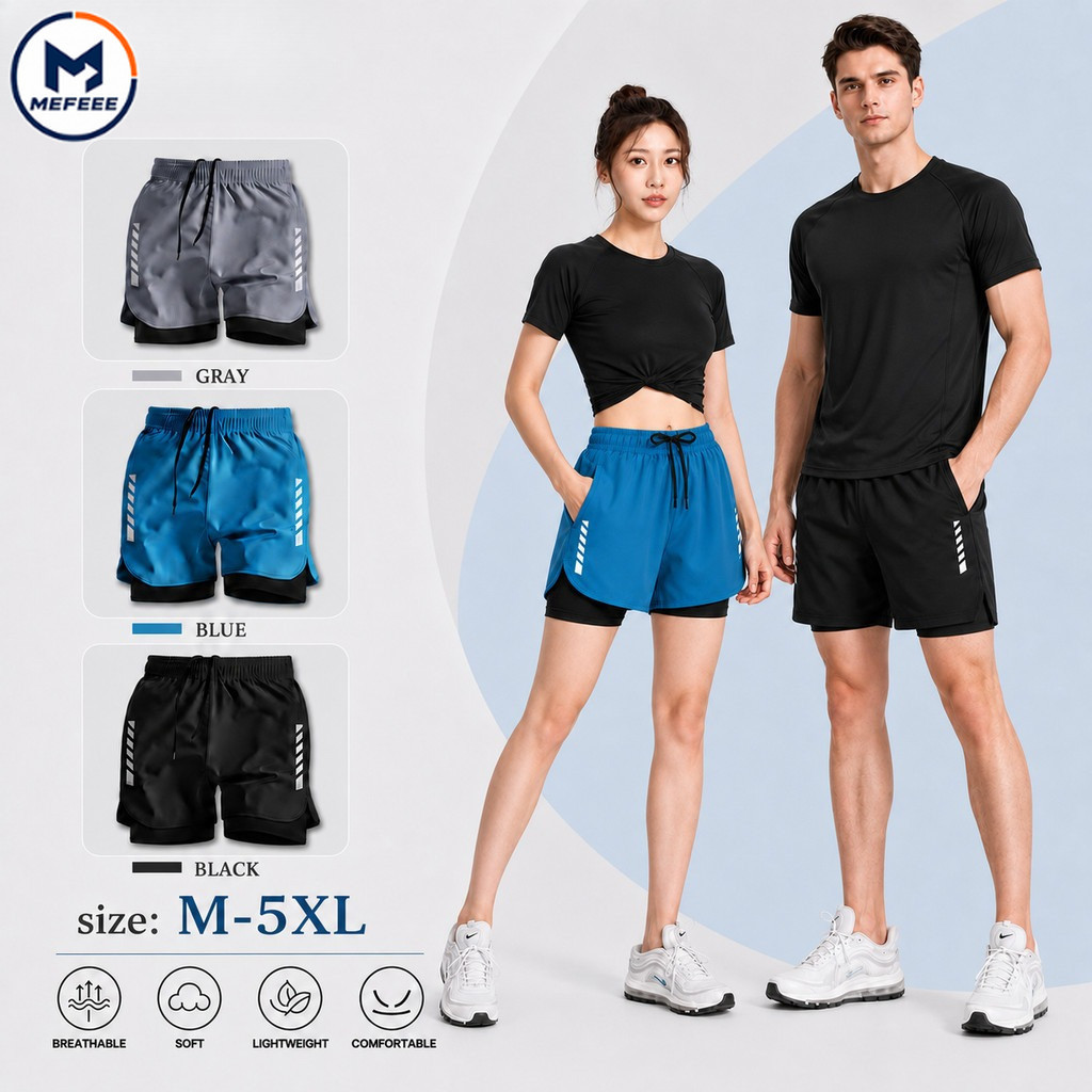 MEFEEE มีฟี 2 ใน 1 สองชั้นแห้งเร็วระบายอากาศหลวมพอดีกางเกงขาสั้นกีฬา ไม่จํากัดเพศ วิ่งการฝึกอบรมว่ายน้ํากางเกงลําลอง