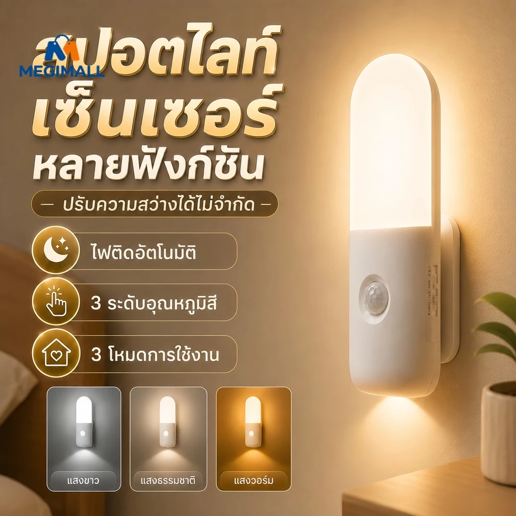 ไฟกลางคืนเซ็นเซอร์อัจฉริยะ โคมไฟหัวเตียงแม่เหล็ก ไฟเซ็นเซอร์ ไร้สาย การควบคุมอัตโนมัติ การหมุน80°