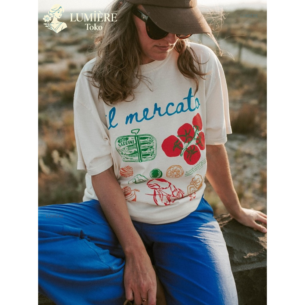 LUMIÈRE American Style T-Shirt Shop Lobster and tomato Motif เสื้อยืดผู้หญิง