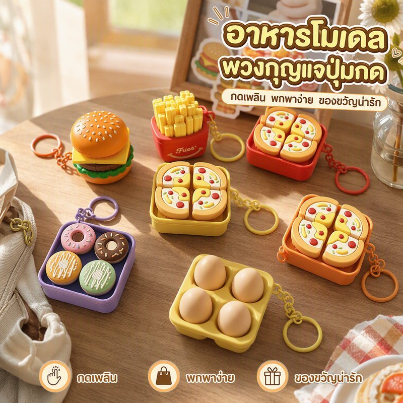 พวงกุญแจปุ่มกด คีย์บอร์ดจิ๋ว ของเล่นคลายเครียด ฟิดเจ็ตกดเด้ง โมเดลอาหาร เบอร์เกอร์ เฟรนช์ฟราย พิซซ่า ของเล่นคลายเครียด