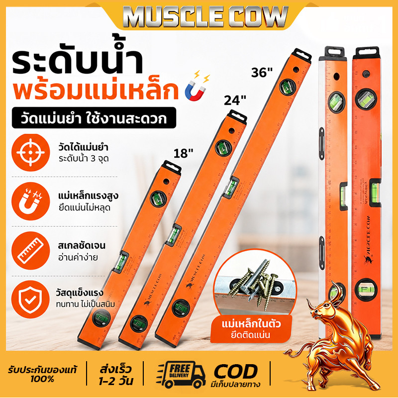 MUSCLE COW ระดับน้ำ มีแม่เหล็ก 18 นิ้ว 24 นิวและ 36 นิ้ว มี 3 พรายน้ำ เครื่องวัดระดับน้ำ ฉากวัดระดับน้ำ ที่วัดระดับน้ำ