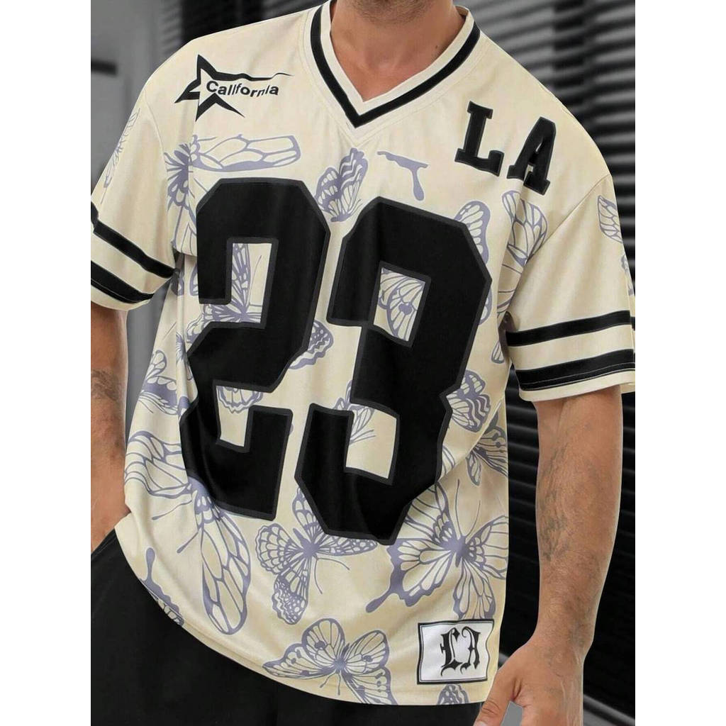[ฟรีที่กําหนดเอง] Mens Los Angeles NO.23 พิมพ์ Jersey Man แขนสั้นรอบคอ Tee Vintage Casual ตาข่าย Jer