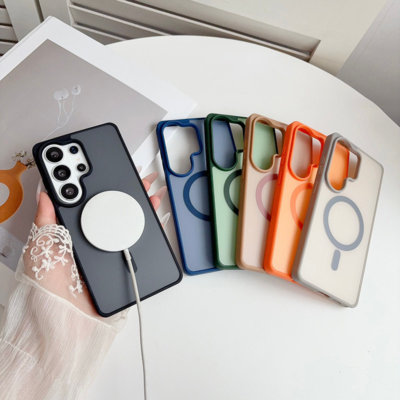 SAMSUNG หรูหราผิวรู้สึกแม่เหล็กสําหรับSamsung S26 S25 S24 S23 Ultra S26 S24 S25Plus FE A57 ฝาครอบรองรับเลนส์ชาร์จไร้สายป้องกันDrop-resistant Non-slip Hardปลอก