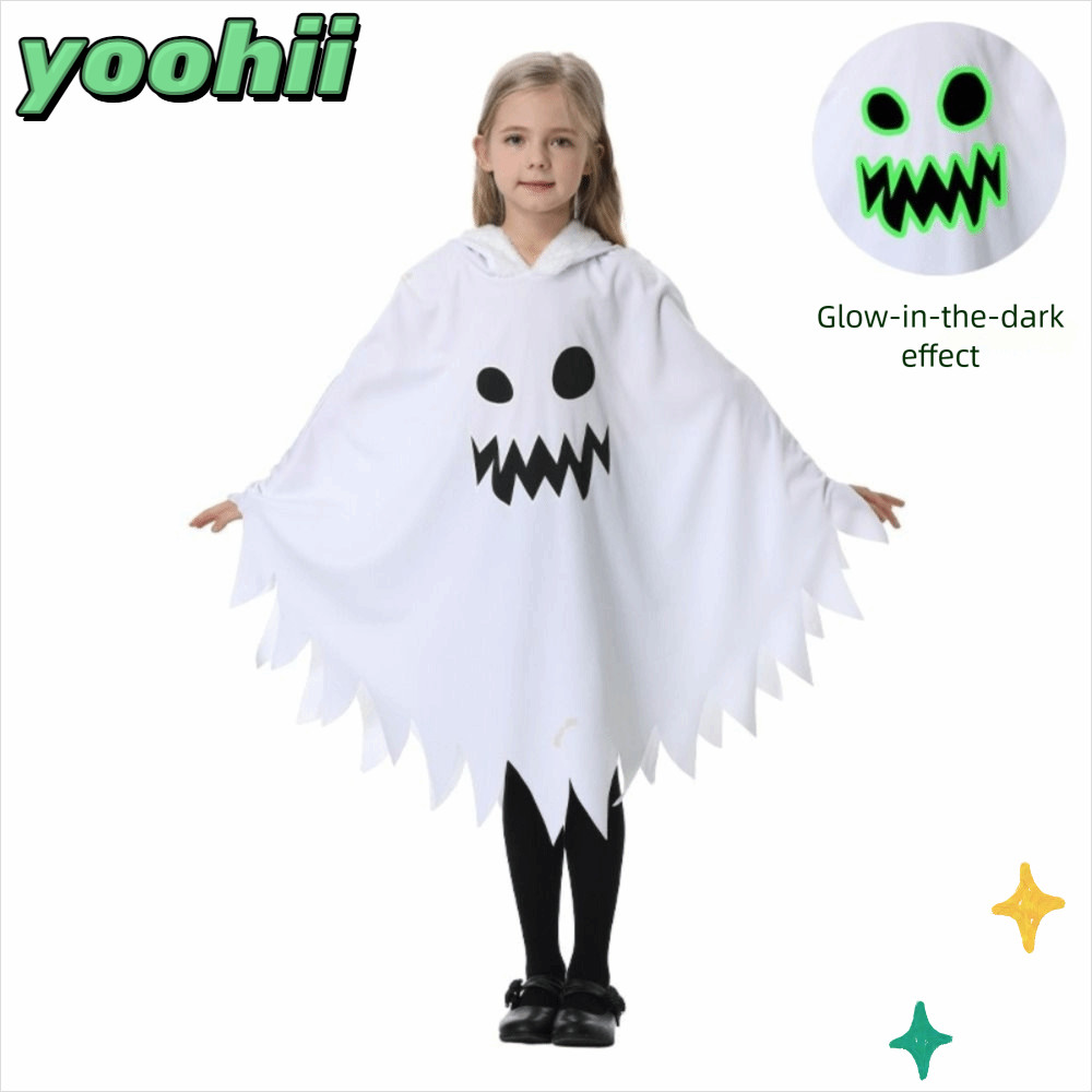 YOOHII ชุดฮาโลวีน, สีขาวสีดําเรืองแสงใน Dark Ghost คอสเพลย์ Cape, เด็กแต่งตัวฟักทองชุด Cape ผ้าคลุมไ