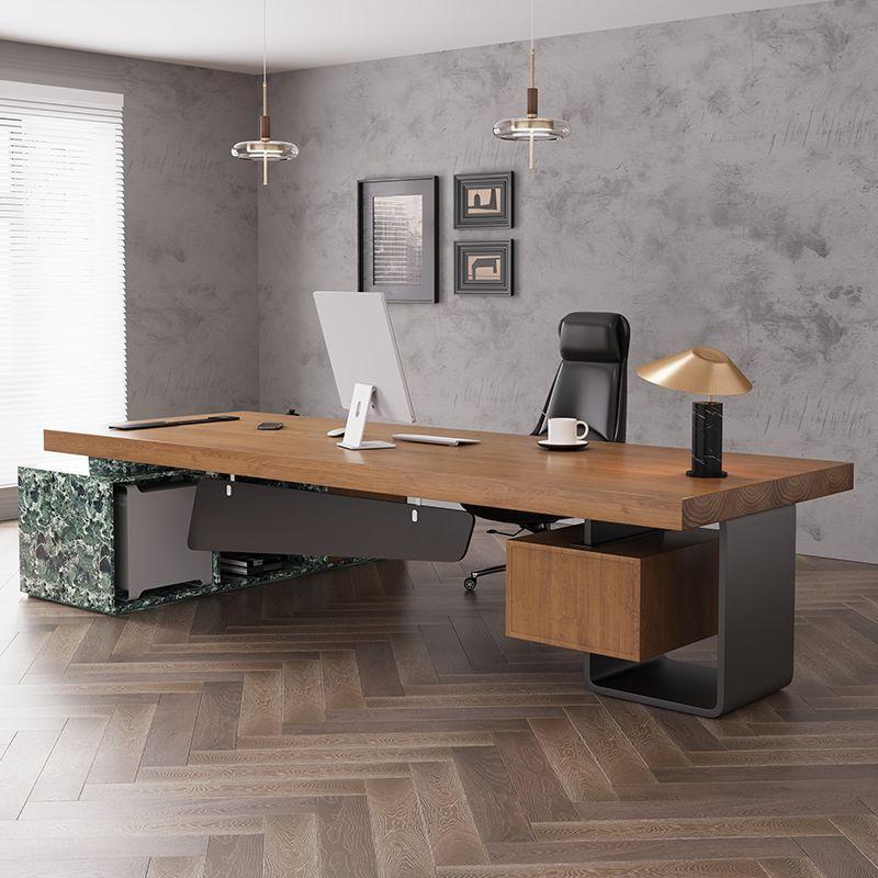 Solid wood executive office desk and chair set with side cabinet