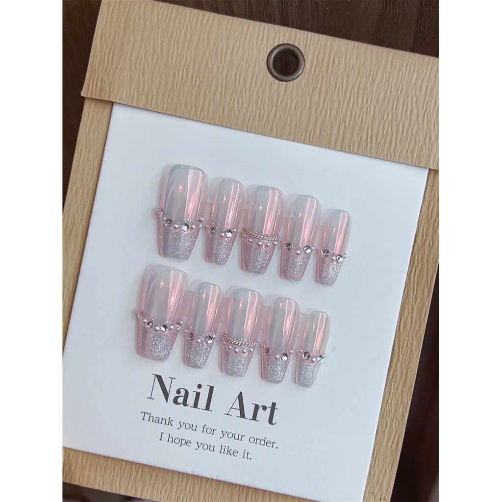 เล็บปลอม เล็บปลอมสำเร็จรูปเจล French Spar Cats Eye Handmade Wear Nail Pearl Small Diamond Aurora Whi