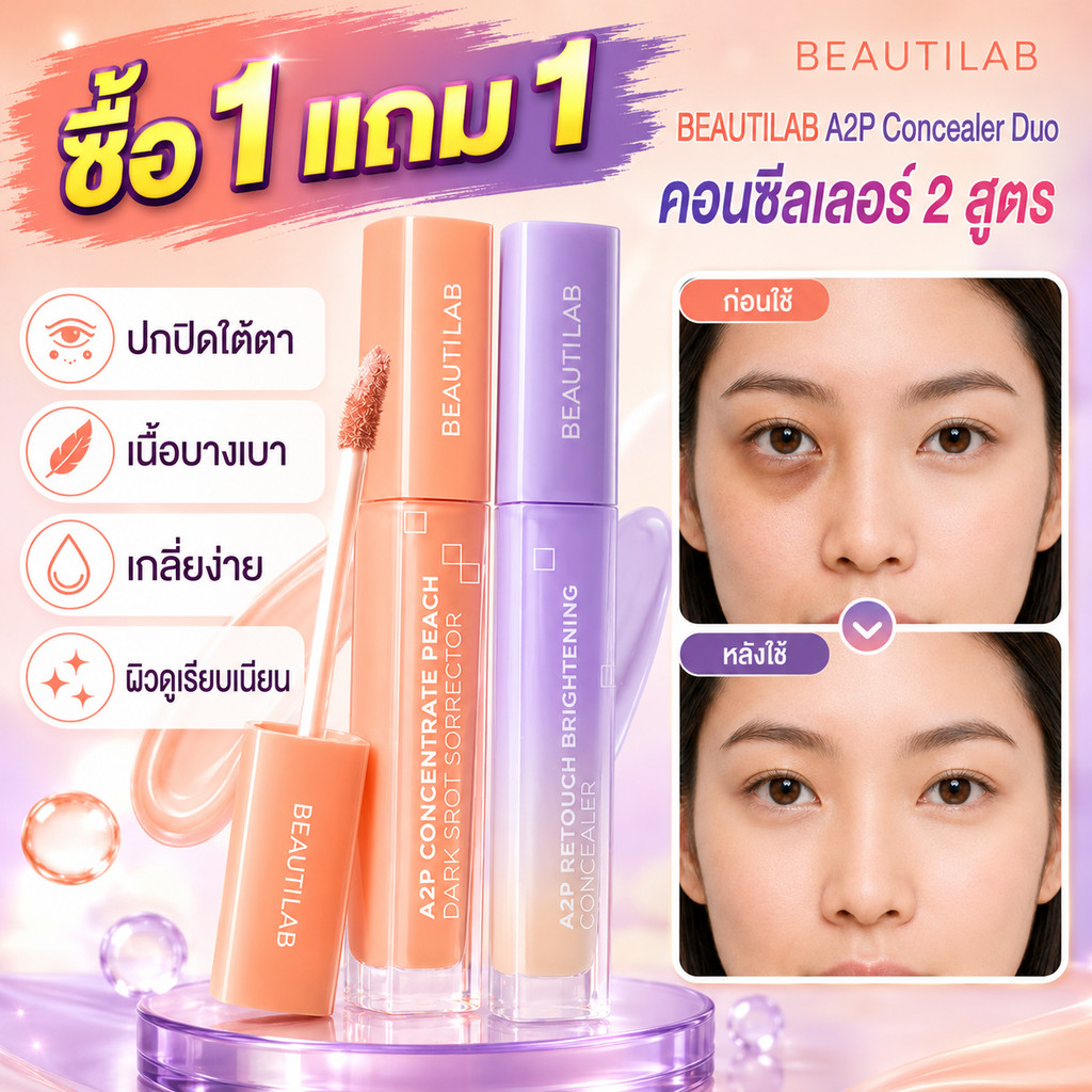 🔥ซื้อ 1 แถม 2🔥 BEAUTILAB A2P A2P Concealer & Peach Corrector คอนซีลเลอร์ปกปิดใต้ตาคล้ำ ผิวสว่าง 2.5g