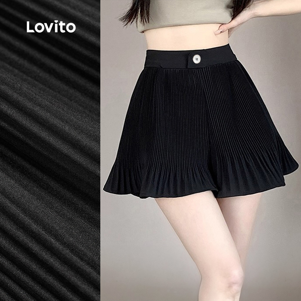 (แคชชวล) Lovito กางเกงขาสั้นแบบ พร้อมกระดุม สำหรับฤดูใบไม้ผลิ/ฤดูร้อน สีดำ สำหรับผู้หญิง เกาหลี อินเทรนด์ L144AD052
