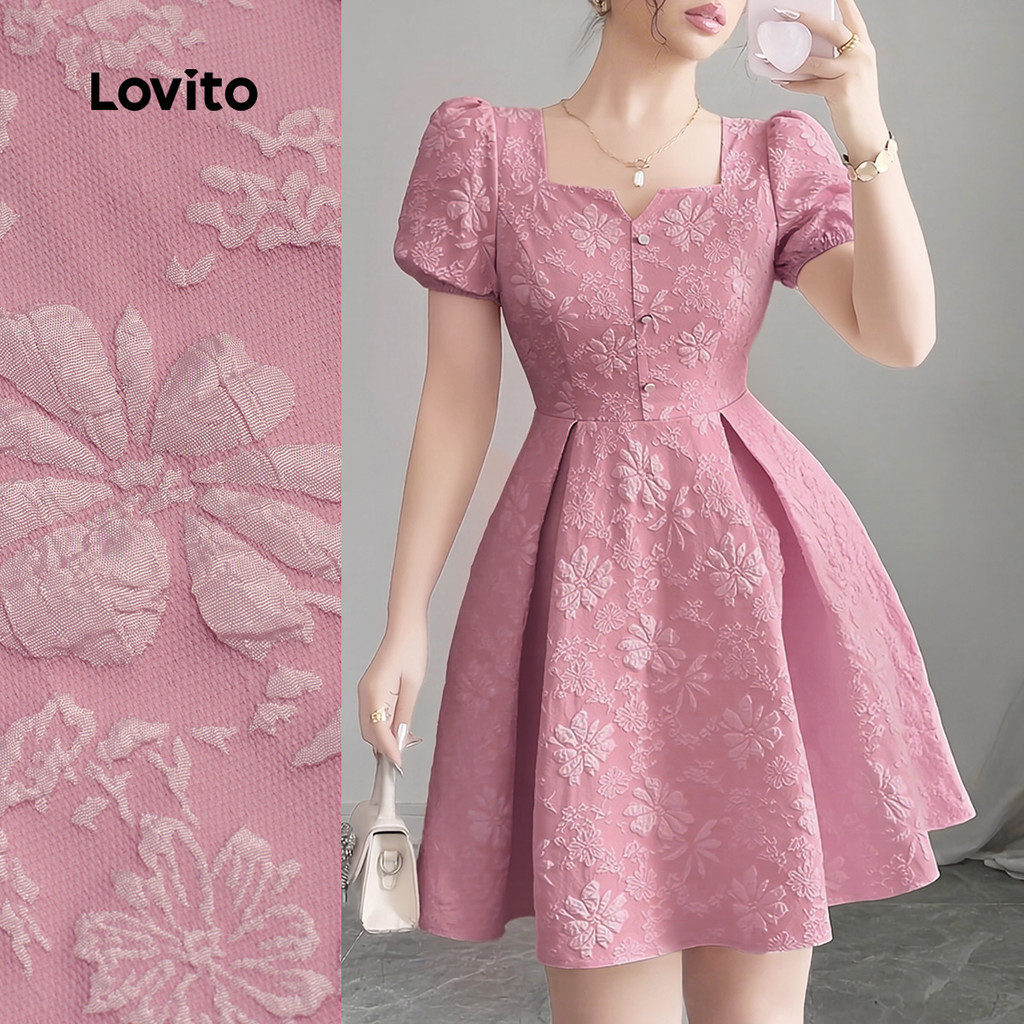 Lovito สง่างาม ชุดเดรสแจ็คการ์ดสุดหรู ปุ่ม ด้านพลีท สีชมพู สำหรับฤดูใบไม้ผลิ/ฤดูร้อน L138ED340