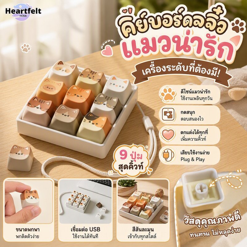 ของเล่นกดคลายเครียด คีย์บอร์ดแมว ASMR แต่งโต๊ะ พวงกุญแจคีย์บอร์ด 3D Mechanical Keychain