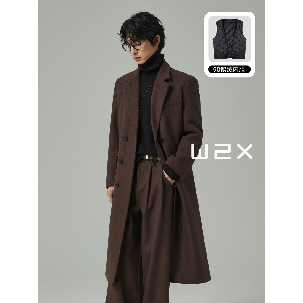 W2x ฤดูหนาวกับ Goose Down Liner เสื้อทําด้วยผ้าขนสัตว์ผู้ชายเสื้อแจ็คเก็ตยาวเหนือเข่าสไตล์เงินเก่า D
