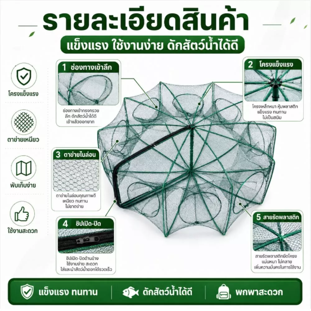 ตาข่ายดัก ปู ปลา กุ้ง แบบ6ช่อง แบบ8ช่อง แบบ10ช่อง หลุมตกปลา หกเหลี่ยม พับเก็บได้ พกพาสะดวก G0150 thumbnail 3