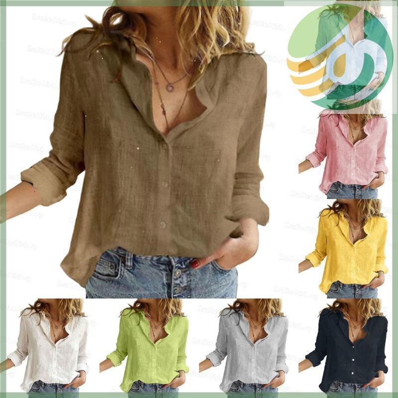 Yf5 As Womens Boho Floral Cotton Linen Top V คอปุ่มลง Roll Up แขนยาวปกด้านบน
