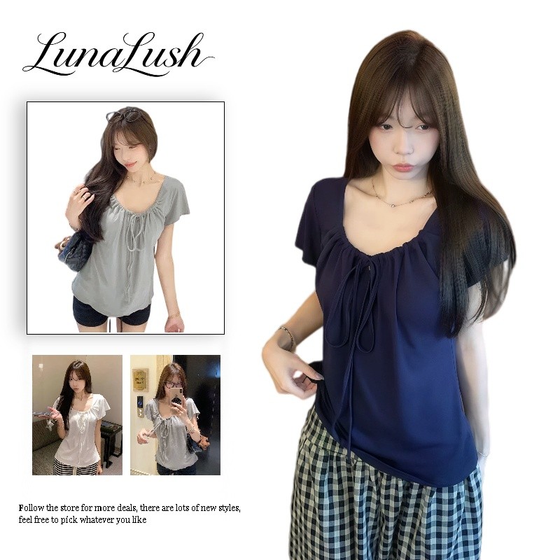 LunaLush✨พร้อมส่ง เสื้อท็อปคอสี่เหลี่ยม แขนสั้นปีกนก สายรัดดึงหน้าอก ผ้ายืดนุ่มใส่สบาย-FYP168