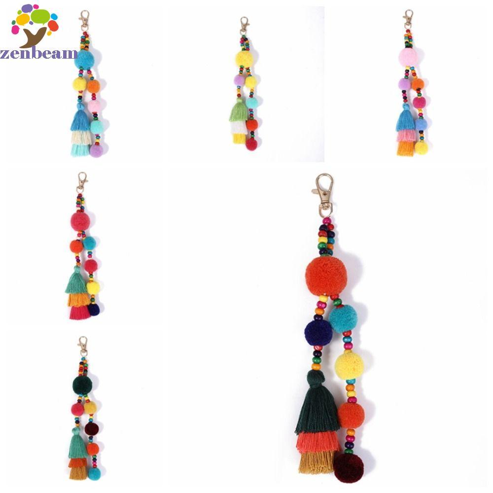 ZENBEAM Boho สไตล์พวงกุญแจ,สีสันพู่ Boho สไตล์ผม Ball พู่พวงกุญแจ, Boho เครื่องประดับ Handmade Pom B