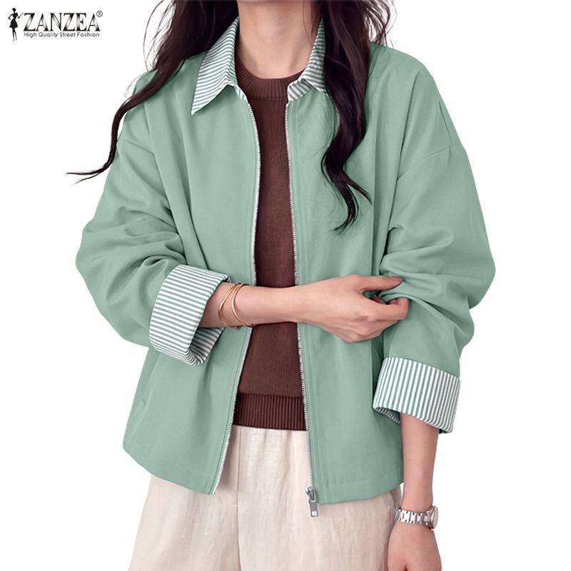 ZANZEA เสื้อแจ็คเก็ตผ้าปะต่อแขนยาวลายทางแฟชั่นเกาหลีสําหรับผู้หญิง — صورة 4