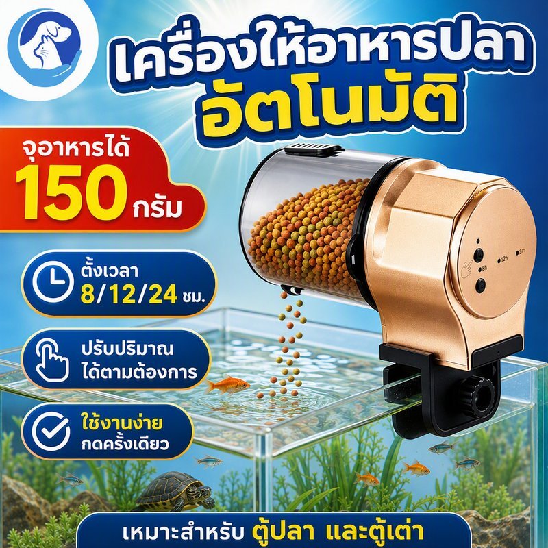 เครื่องให้อาหารปลาอัตโนมัติ จุอาหาร 150 กรัม ตั้งเวลา 8/12/24 ชม. ปรับปริมาณได้ สำหรับตู้ปลาและตู้เต่า