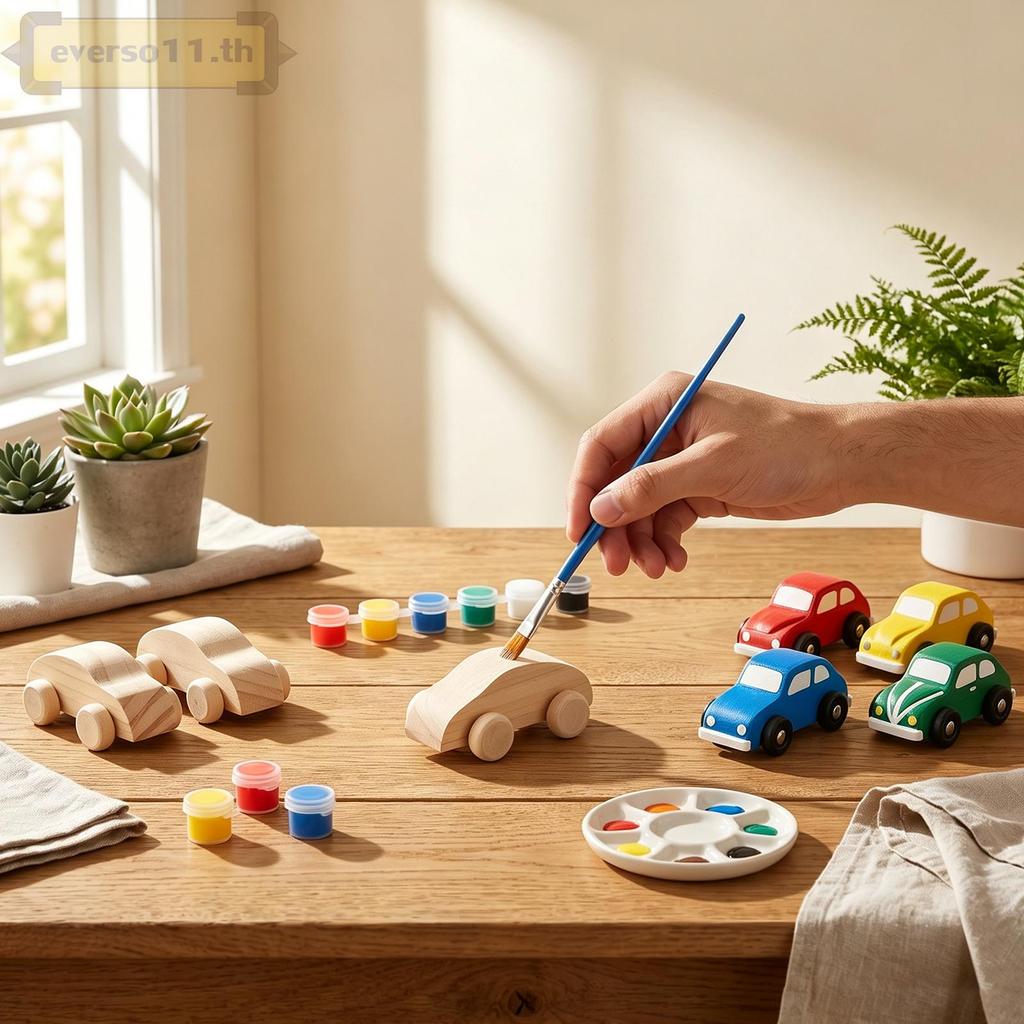 12 ชิ้น DIY สีชุดรถไม้ของคุณเองพร้อมสีและแปรงสําหรับบ้าน SHOPTKC8260