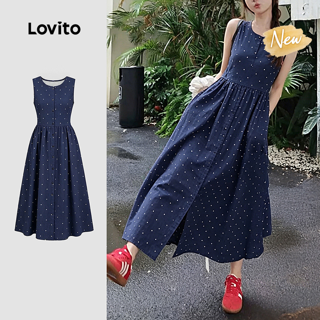 (New Arrival) Lovito ชุดเดรสลําลองสีน้ําเงินกรมท่าเรียบง่ายสําหรับผู้หญิง มีปุ่ม เหมาะสําหรับฤดูใบไม้ผลิ/ฤดูร้อน ประจำวัน เกาหลี อินเทรนด์ DRK8TD122