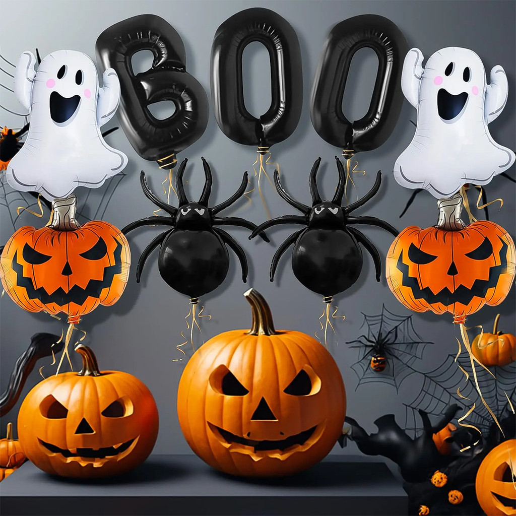 ชุดลูกโป่งฟอยล์ฮาโลวีน 9 ชิ้น, Boo Pumpkin Ghost Mummy Spider Elements สําหรับปาร์ตี้ฮาโลวีนตกแต่งวั