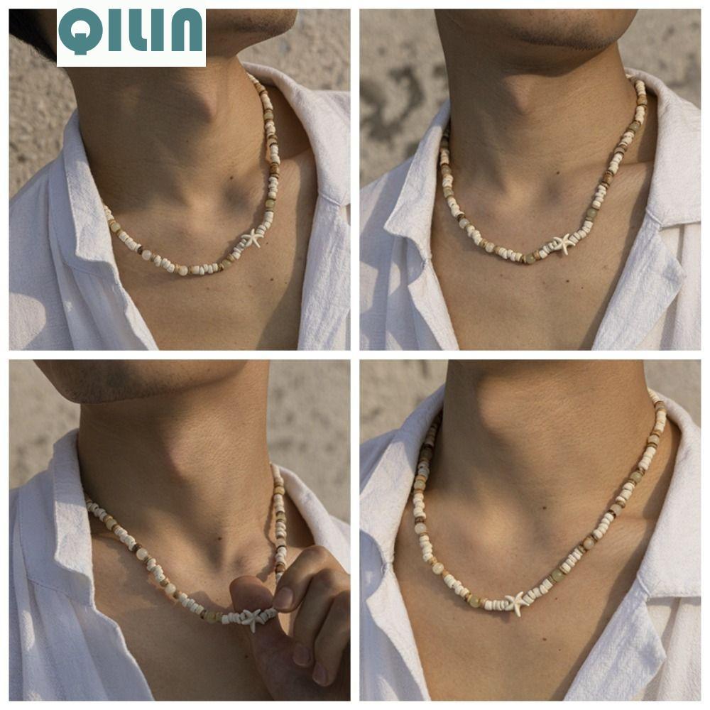 QILIN มะพร้าว-husk สร้อยคอ, Bohemian ไม้ลูกปัดปลาดาว Choker, แฟชั่น Splicing Beach Surfer ธรรมชาติชา