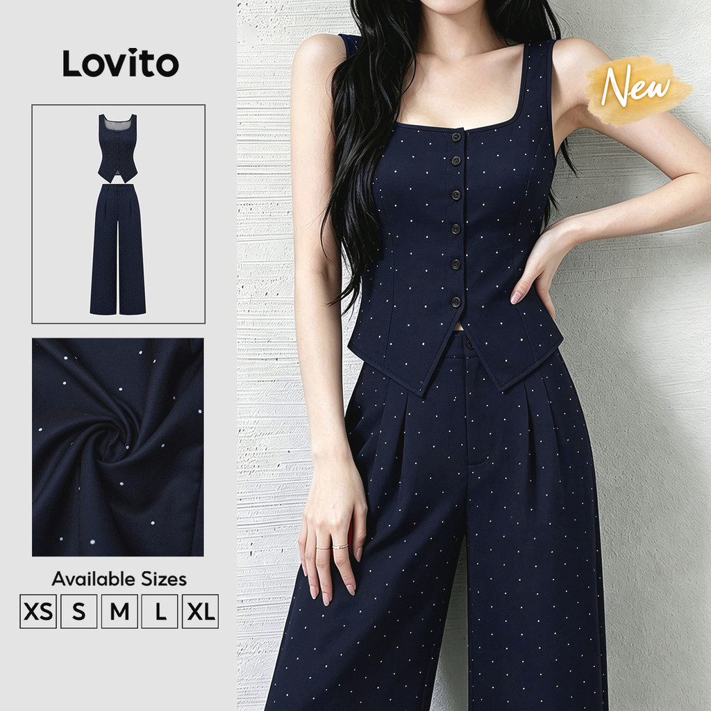 (New Arrival) Lovito เสื้อลําลองหรือกางเกงลําลองลําลอง ปุ่มเรียบง่าย น้ําเงินเข้ม สูทท็อปส์หรือกางเกงสําหรับสุภาพสตรี PSK9TD081