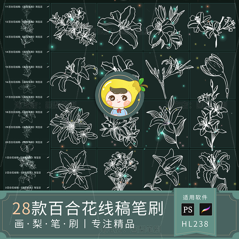 Procreate Brush ps Brush Flower Plant Line Draft Lily ดอกไม้รูปแบบมือวาดฝึกภาพประกอบ