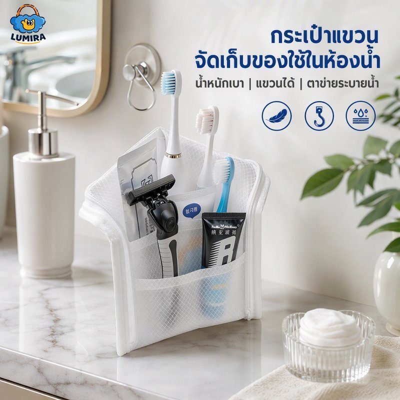 กระเป๋าอาบน้ำ ตาข่าย กันน้ำ แบบแขวน พับแบน ตั้งได้ ช่องแยกของ กระเป๋าเครื่องสำอาง เดินทาง ฟิตเนส