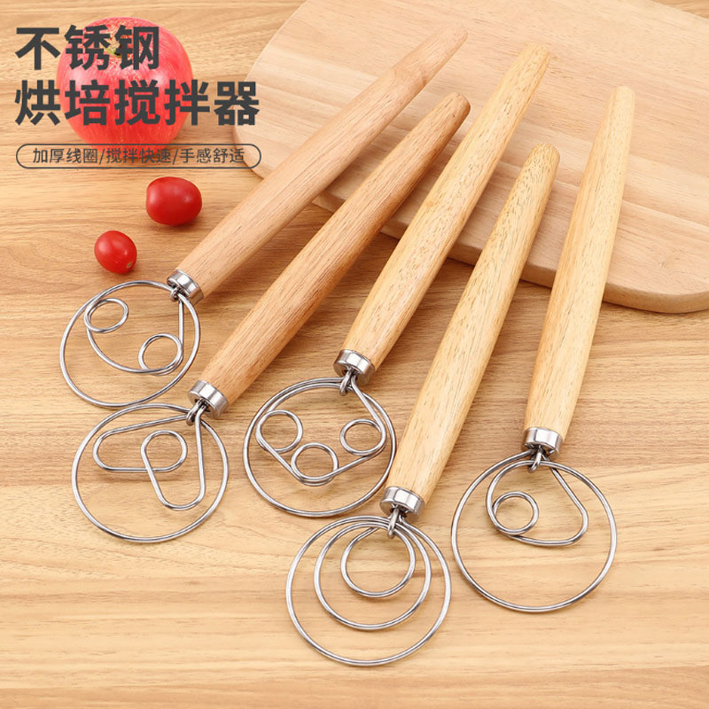 43ซม.Oak Handleแป้งBeaterเครื่องผสมแป้งเดนมาร์กเครื่องผสมแป้งสแตนเลสCoil Whiskเครื่องมือY2QT