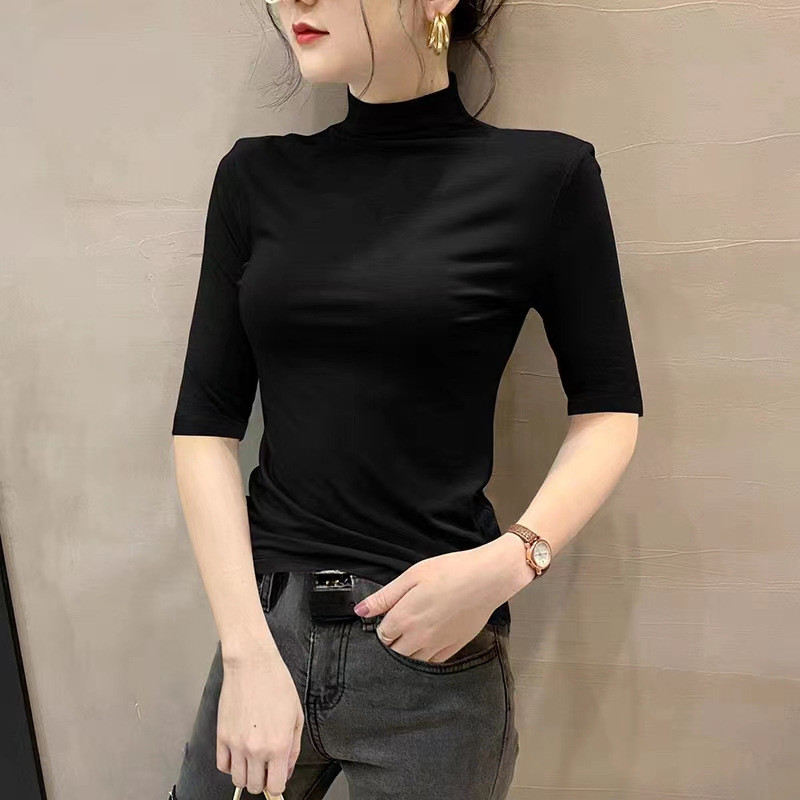 เสื้อยืดผ้าอะคริลิคโมดอล คอครึ่งสูง แขนกลาง สีพื้น ดีไซน์เรียบง่าย สวมใส่ได้หลายสไตล์ สำหรับผู้หญิง ขนาดพลัสไซซ์