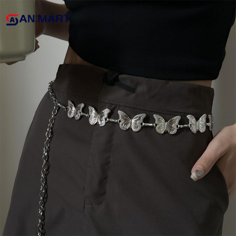 AN.MART บุคลิกภาพเงินผีเสื้อเอวสําหรับผู้หญิงสาว Simple Punk โลหะ Belly เข็มขัดโซ่ Body CHAIN เข็มขั