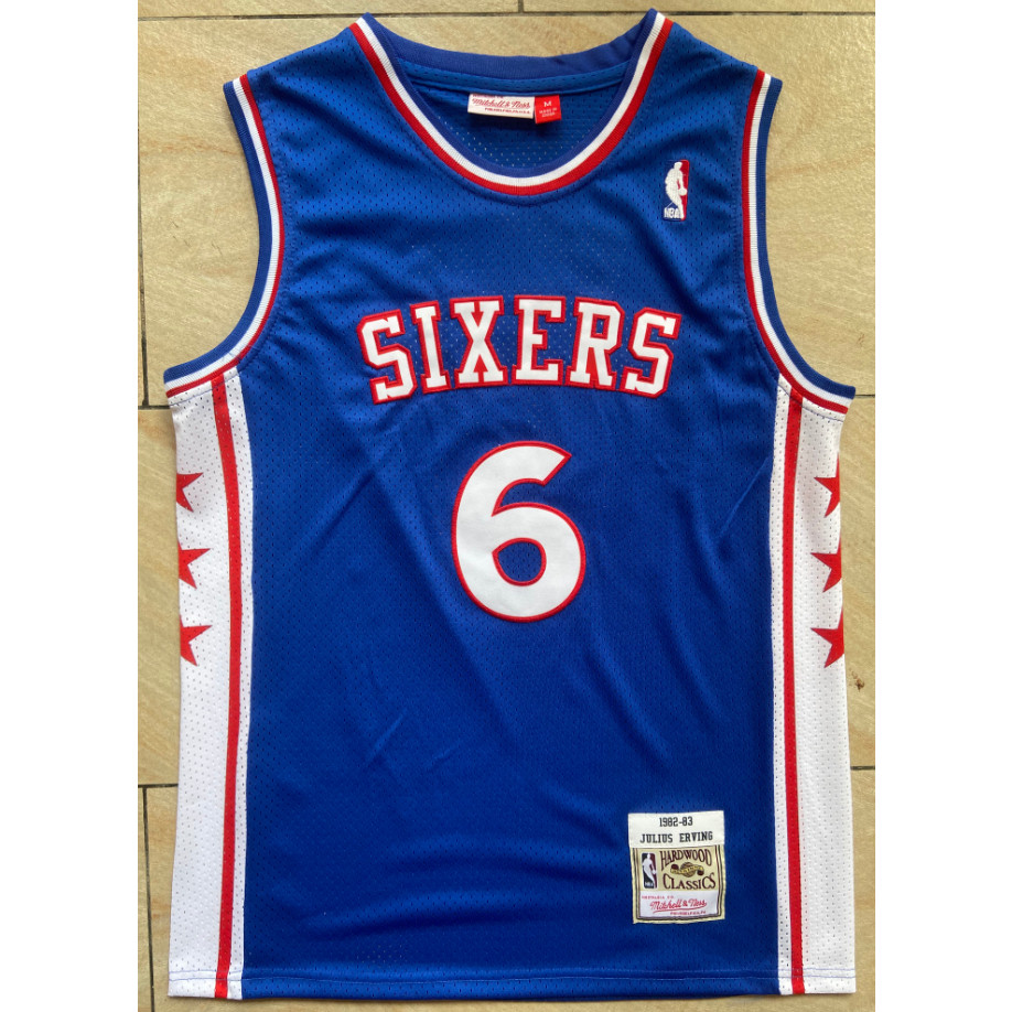 IDAWN7 ใหม่ NBA ผู้ชาย Philadelphia 76ers 6 Julius Erving ปักเสื้อบาสเก็ตบอล retro blue jersey