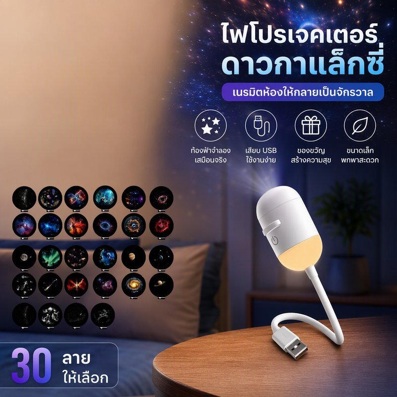 โคมไฟดาว Sky Projector โปรเจคเตอร์เปลี่ยนลายท้องฟ้าได้ ชาร์จ USB 34 ลาย หมุน 360 ไฟตกแต่งห้องนอน