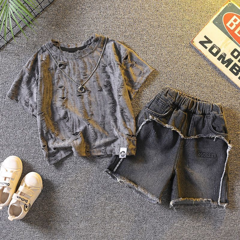 Boys Summer Fashion All-Match Distressed Ripped Short Sleeve + Raw Edge Stitching Dark Denim Shorts 