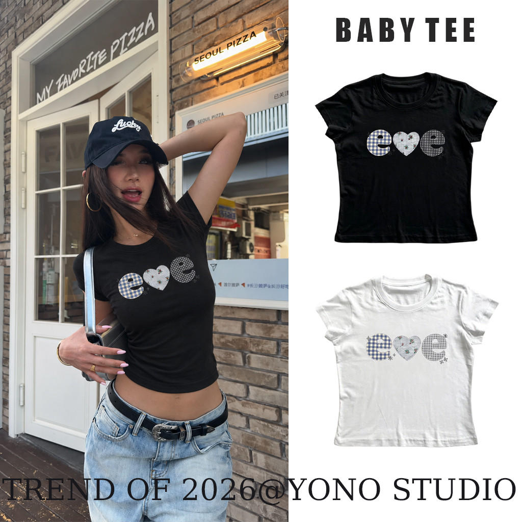 (พร้อมส่ง24ชม.) YONO baby tee สีดำ ลายตัวอักษรตารางกับหัวใจลายเชอร์รี ทรงเข้ารูป y2k