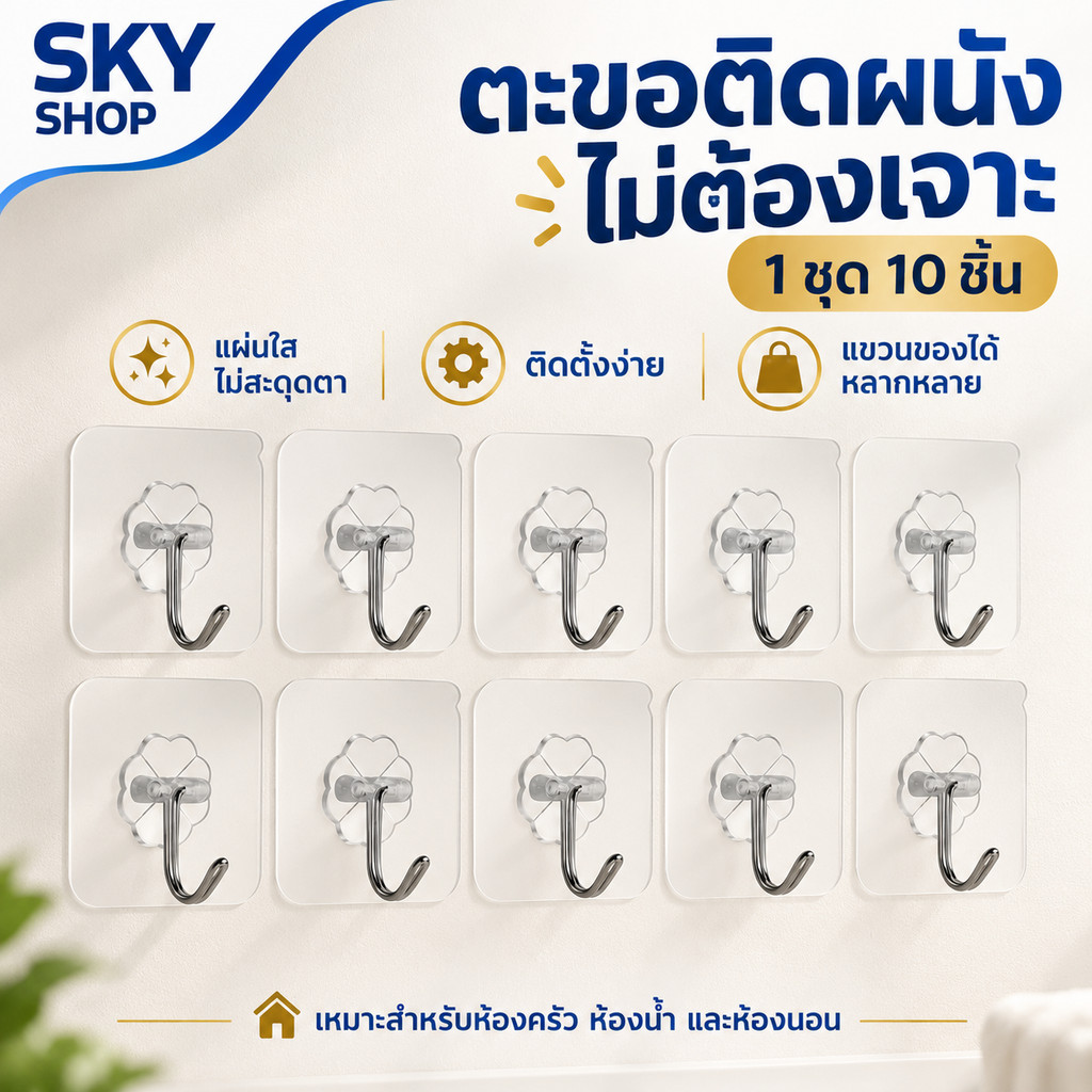 SKY *1set 10pcs* ตะขอติดผนัง ตะขอเอนกประสงค์ 6x6cm ที่แขวนติดผนัง แบบใสไม่ต้องเจาะ ตะขอแขวน ตัวแขวนติดผนัง