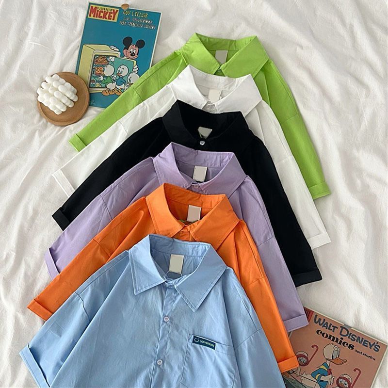 Hong Kong Style Solid Color Short Sleeve Shirt Women's Summer Japanese Design Sense Niche Chic Hong 