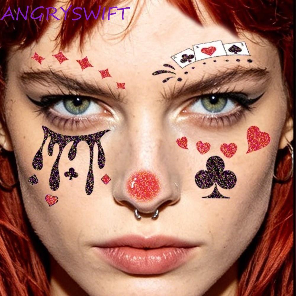 ANGRYSWIFT 4 ชิ้นฮาโลวีน Joker TATTOO สติกเกอร์,ที่สมจริง Glitter Joker Joker Blush รอยสักชั่วคราว, 