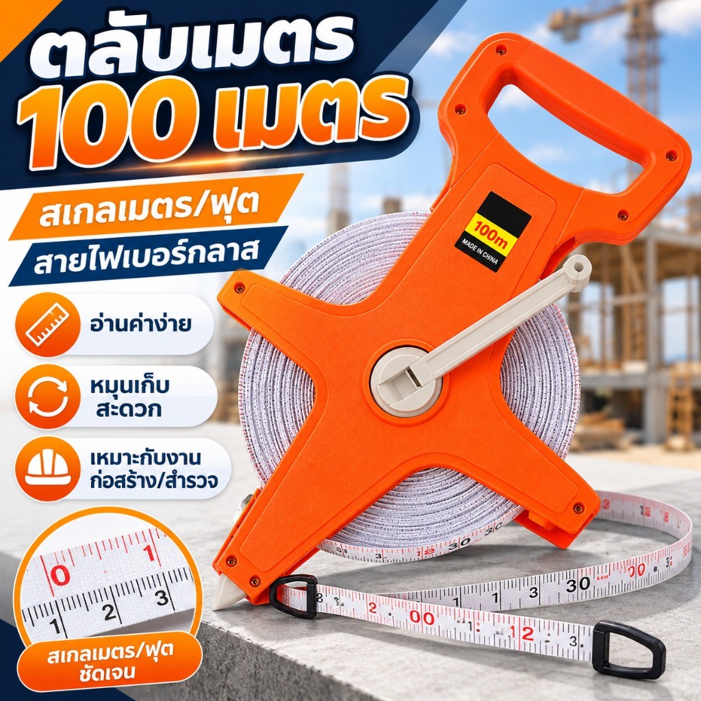 สายวัดที่ดิน 100m ตลับเมตรไฟเบอร์กลาส สเกลเมตร/ฟุต Long Measuring Tape งานสำรวจ ก่อสร้าง เกษตร