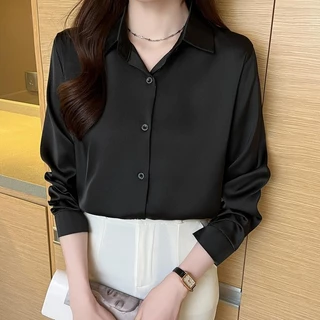 S-2XL 10 สี เสื้อเชิ้ตผ้าซาตินทางการระดับไฮเอนด์สำหรับผู้หญิง ป้องกันการยับ ปราศจากการรีด พร้อมไหล่ตรง